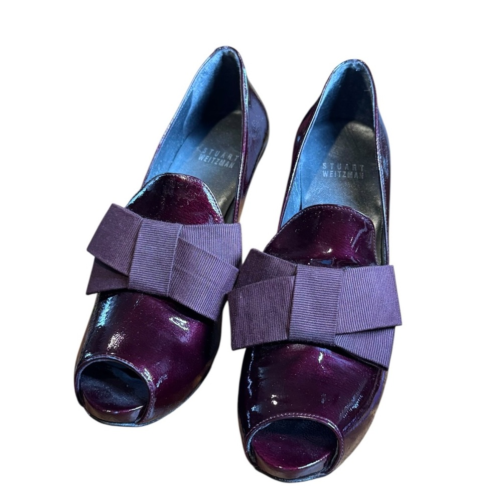 Stuart Weitzman patent burgundy Peep-Toe Heels with bow 7.5n